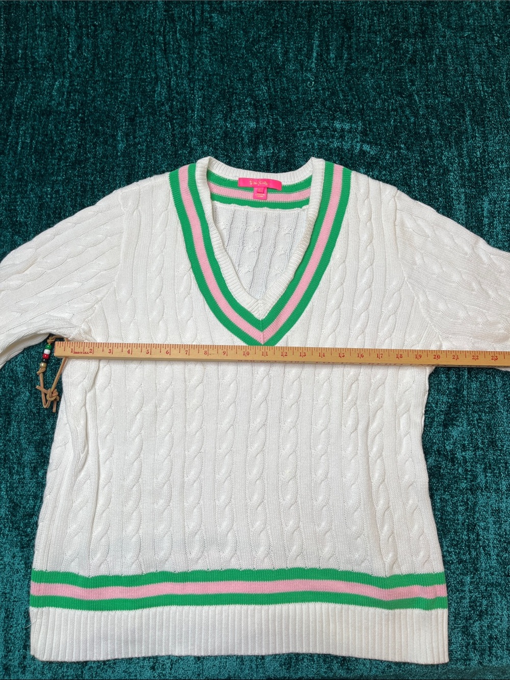 Lily Pulitzer-White Cable-Knit V-Neck Sweater with Green & Pink Trim-XL - Picture 2 of 7